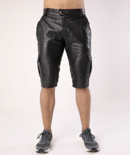 Men’s Black Real Leather Cargo Shorts