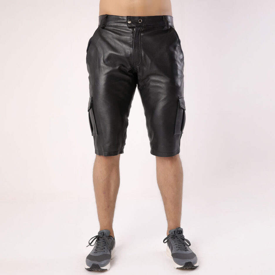 Men’s Black Real Leather Cargo Shorts