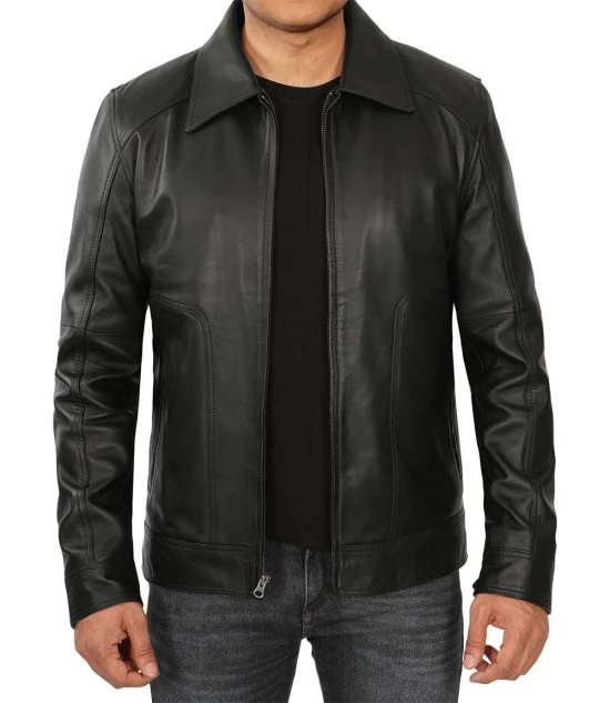 Front view of the Vade Blanc Black Vintage Leather Jacket for men with a zipper closure and classic collar, showcasing premium leather craftsmanship