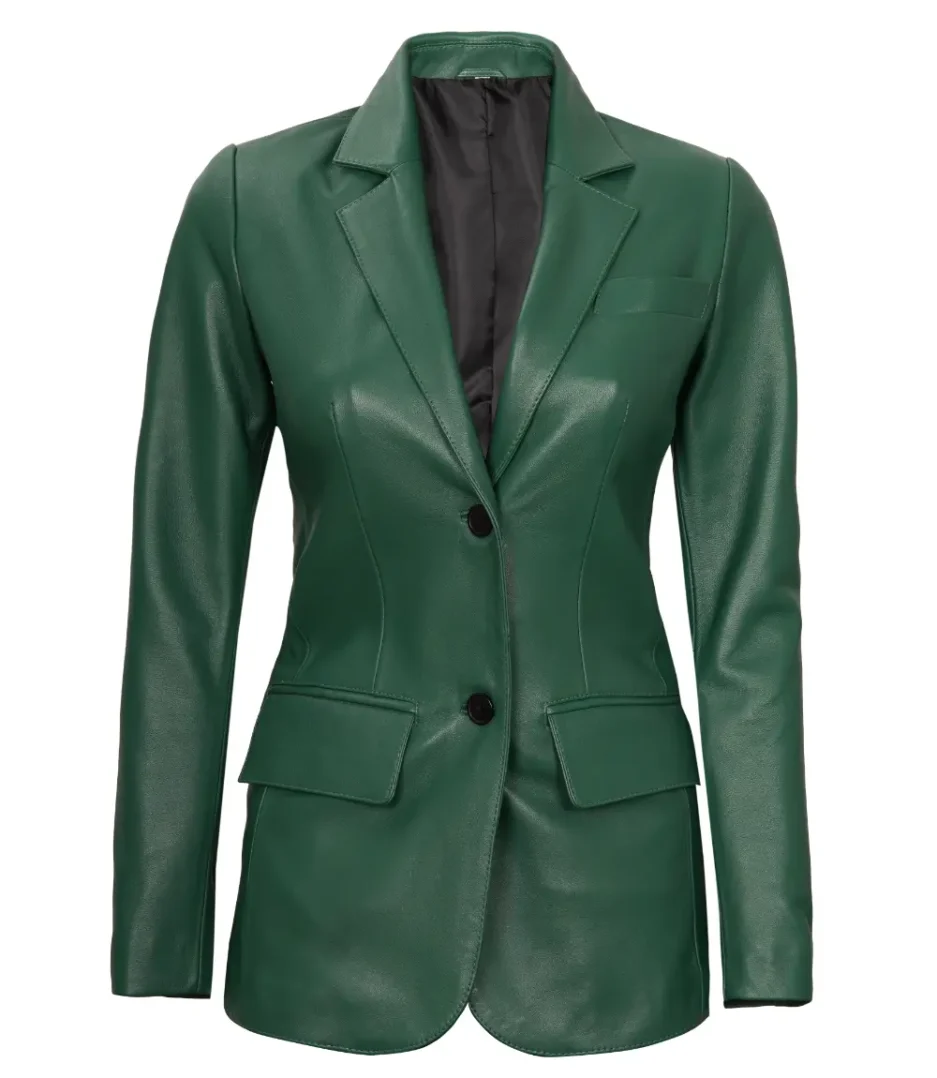 green-womens-two-buttons-real-leather-blazer-jacket