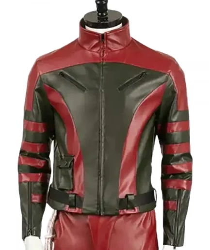 Callum Drift Red One Leather Jacket on mannequin, highlighting the front zip clasp, full-length sleeves, and four front pockets