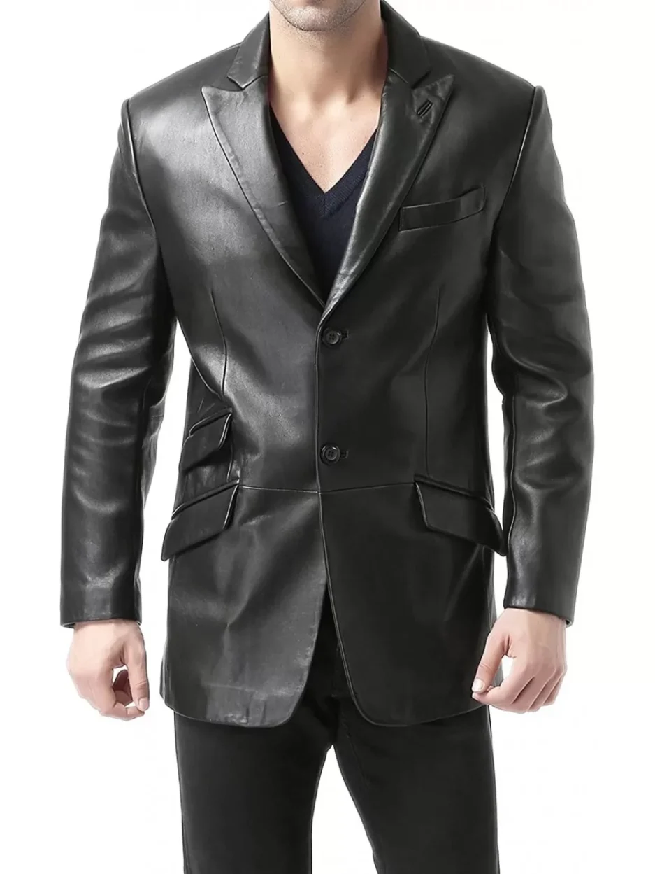 Men’s Peak Lapel Real Sheepskin Black Leather Blazer front view showing two-button closure and sleek peak lapel.