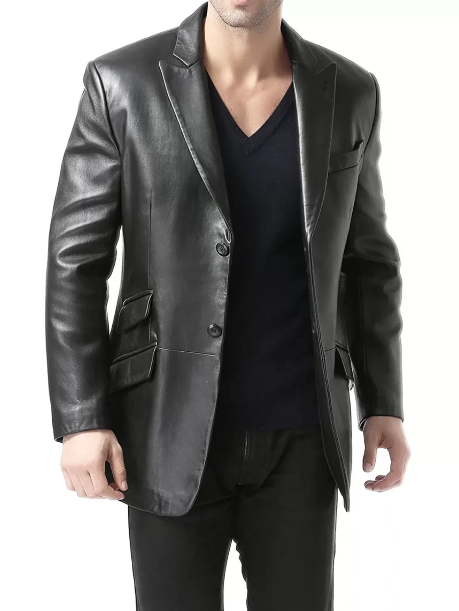 Full-body view of Men’s Peak Lapel Sheepskin Black Leather Blazer, emphasizing classic design and sophisticated look.