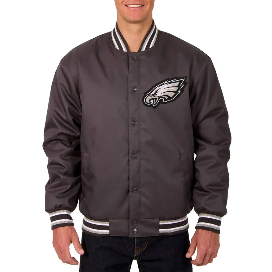 Front view of Philadelphia Eagles Poly Twill Gray Jacket featuring bold team logo and snap-tab button closure.