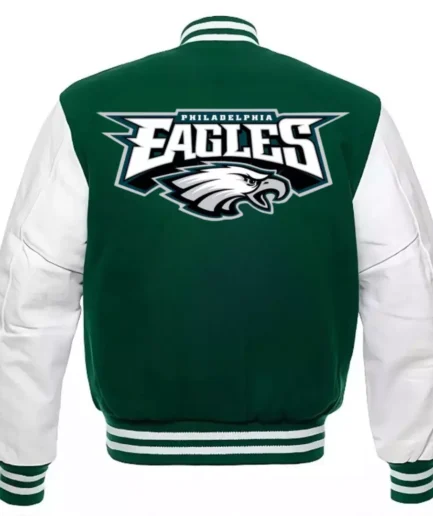 ack view of the Philadelphia Eagles varsity jacket, showcasing the green wool body and white leather sleeves with ribbed cuffs.