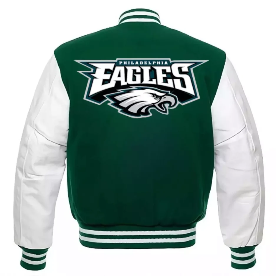 ack view of the Philadelphia Eagles varsity jacket, showcasing the green wool body and white leather sleeves with ribbed cuffs.