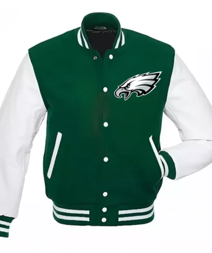 Philadelphia Eagles green varsity jacket with white leather sleeves, featuring bold team logos, ribbed accents, and snap closure for a stylish, durable look. Unisex, available in all sizes.