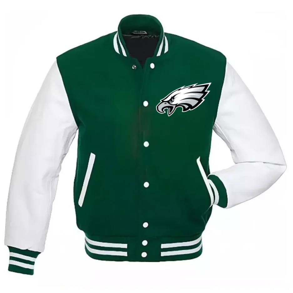 Philadelphia Eagles green varsity jacket with white leather sleeves, featuring bold team logos, ribbed accents, and snap closure for a stylish, durable look. Unisex, available in all sizes.