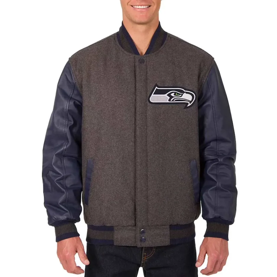 Seattle Seahawks Charcoal Varsity Jacket with wool body, leather sleeves, and embroidered team logo in charcoal and navy. front view