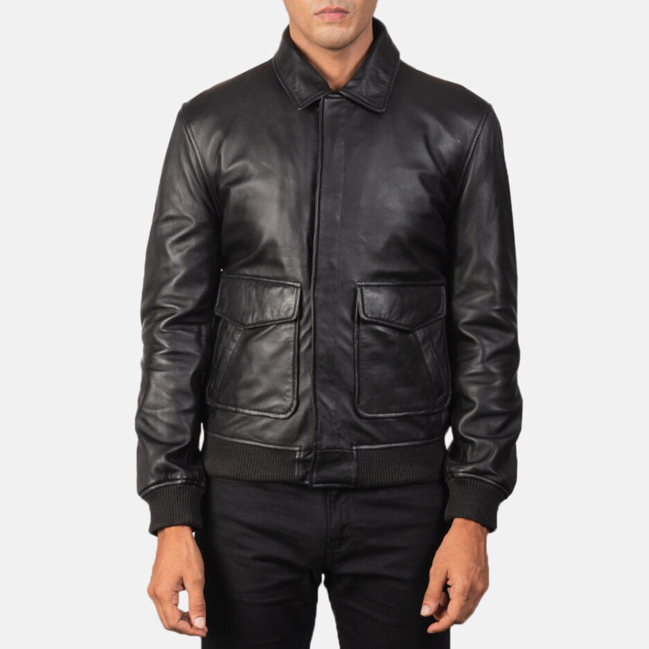 Aviator Heritage Black Sheepskin Leather Jacket with Two Large Pockets front view