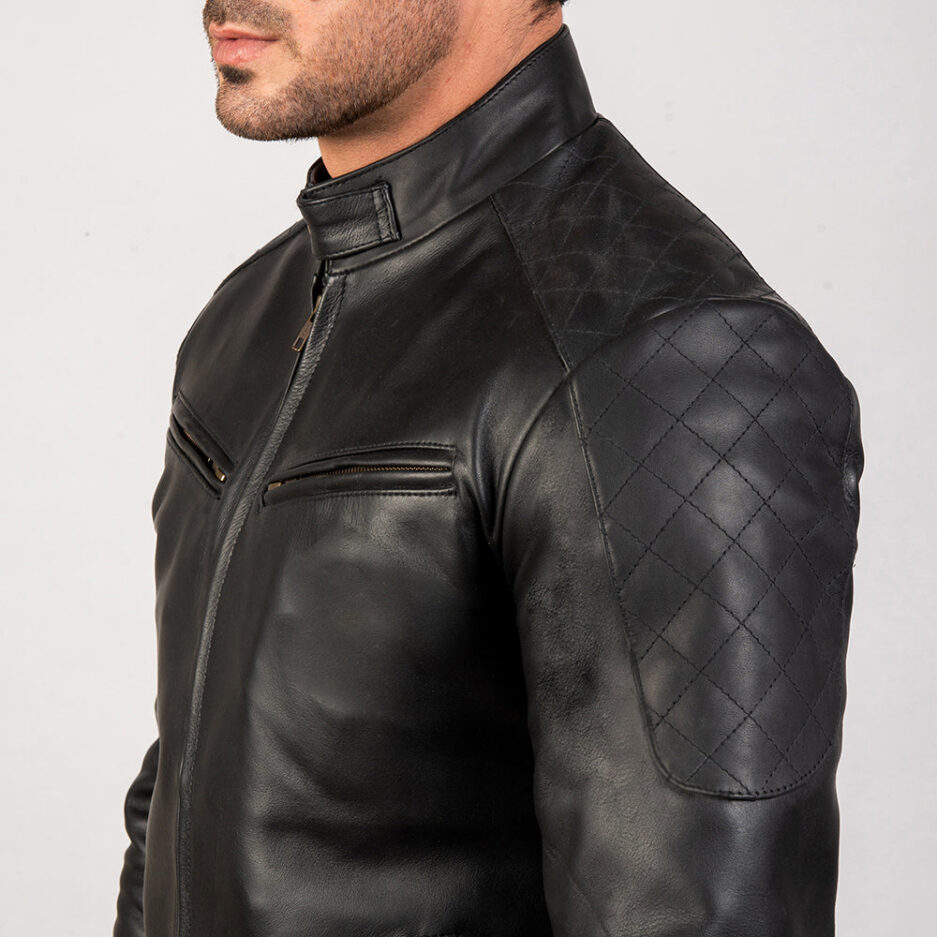 Men’s Black Sheepskin Leather Racer Jacket - Side View