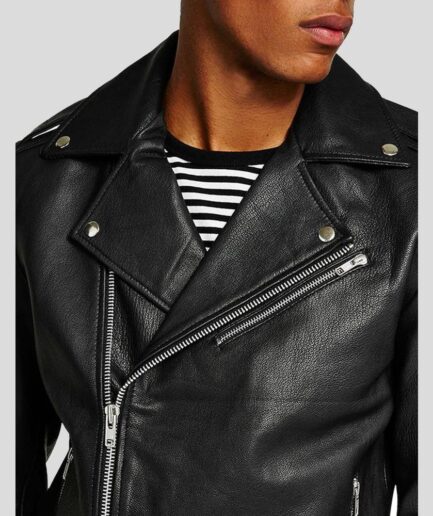 Men’s Handcrafted Black Leather Biker Jacket - front zoomed view