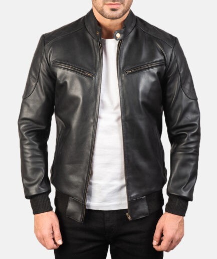 Men’s Black Sheepskin Leather Racer Jacket - Front