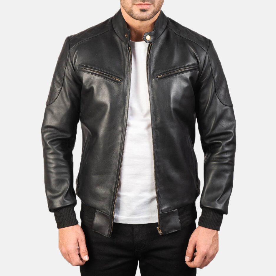 Men’s Black Sheepskin Leather Racer Jacket - Front