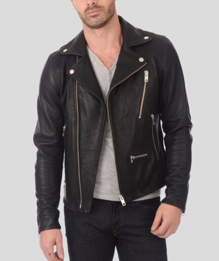 Men’s Black Lambskin Leather Biker Jacket – Notch Collar, Asymmetrical Zipper zip open view