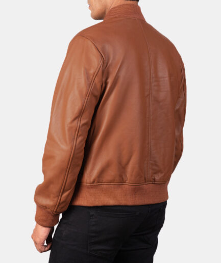 Men’s Vintage Brown Leather Varsity Bomber Jacket - Vade Blanc back view