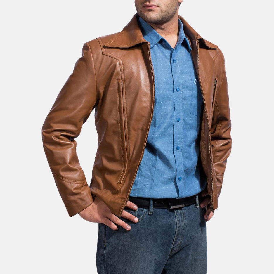 Men’s Brown Sheepskin Leather Jacket – Classic Shirt Collar Design front