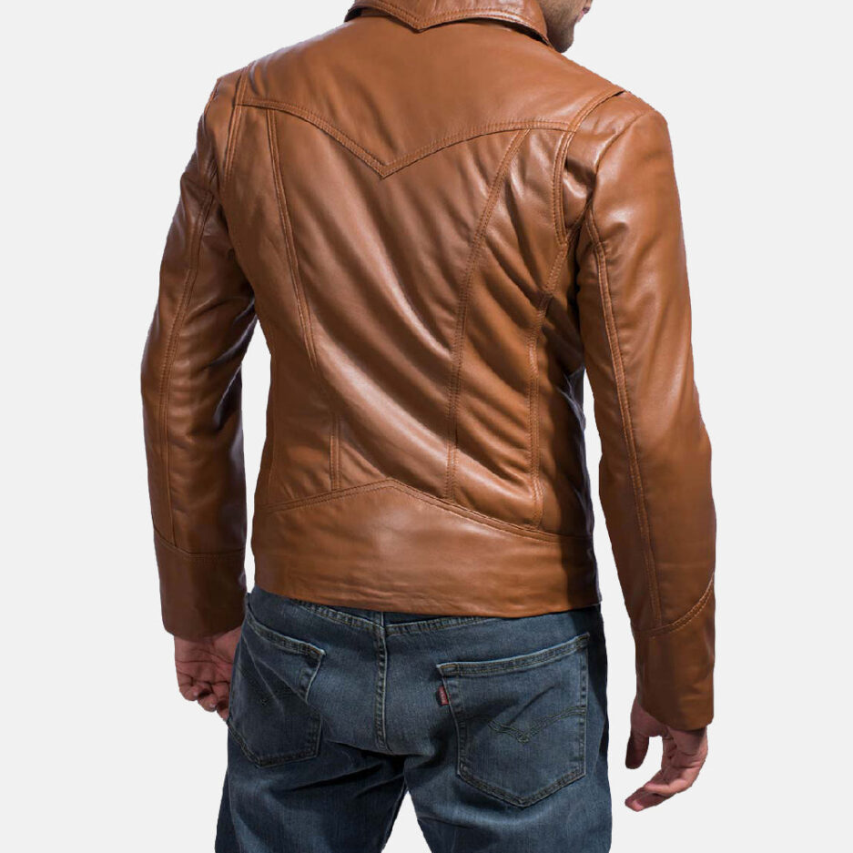 Men’s Brown Sheepskin Leather Jacket – Classic Shirt Collar Design Back