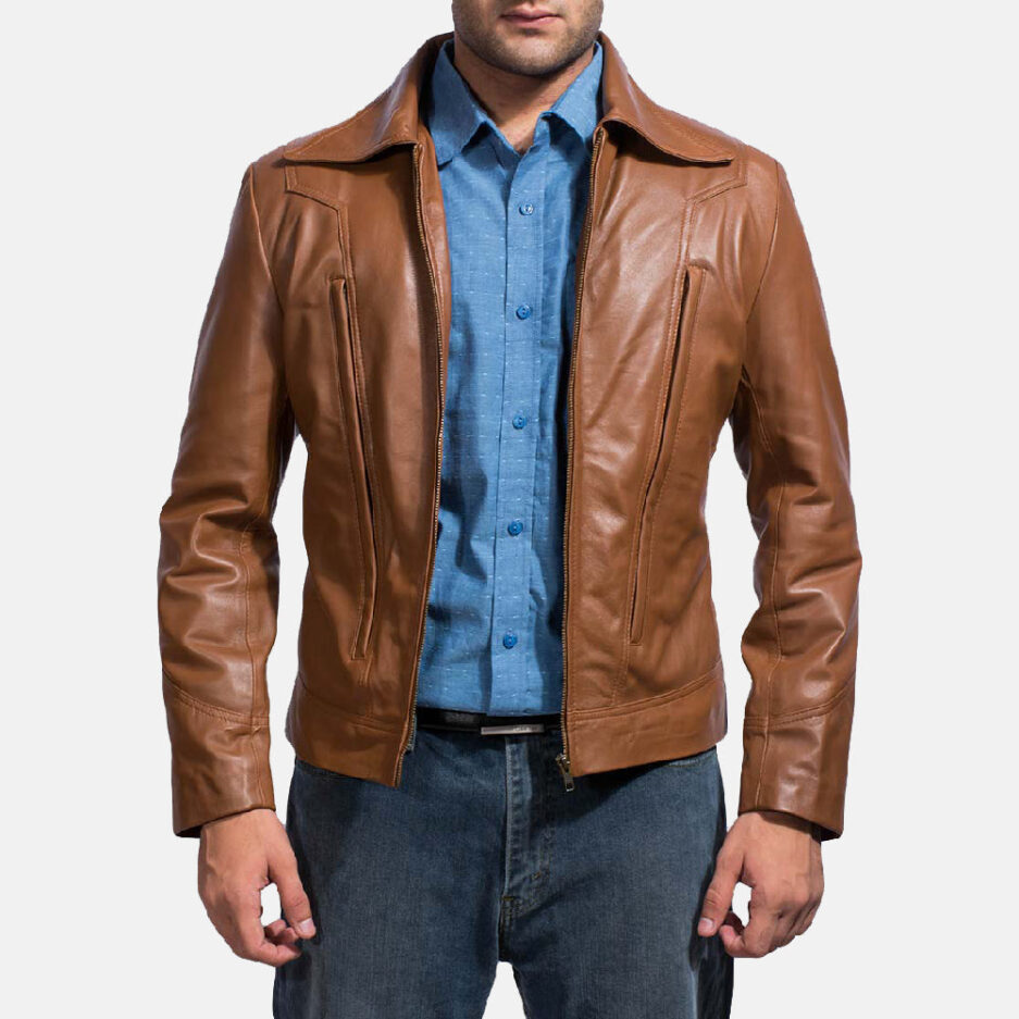 Men’s Brown Sheepskin Leather Jacket – Classic Shirt Collar Design