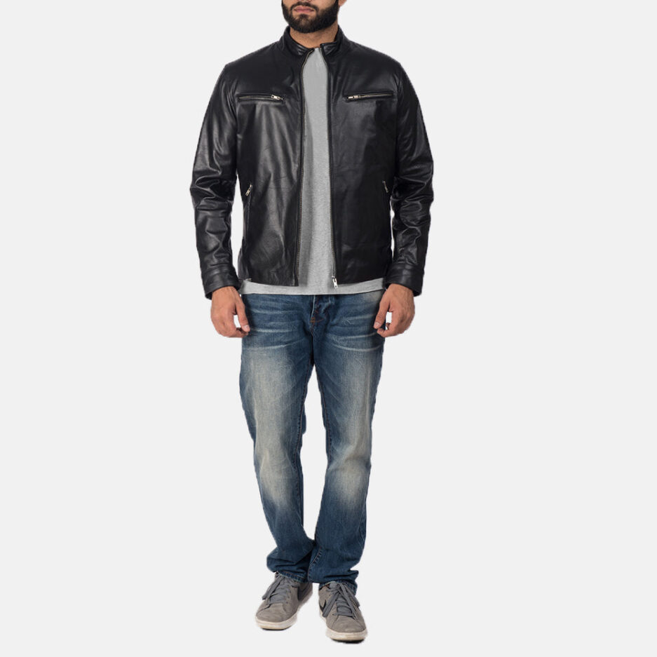 Men’s Black High-Neck Leather Jacket – 100% Real Sheepskin - model view 1