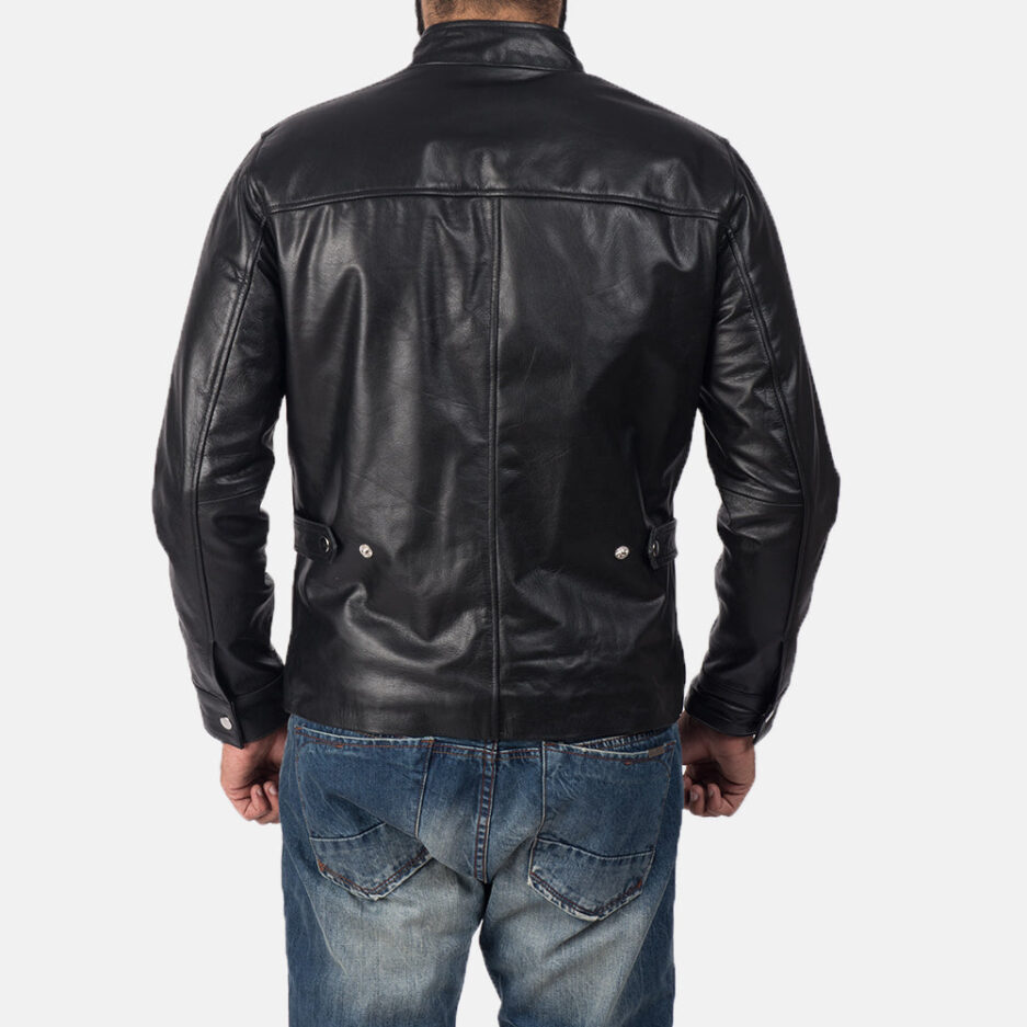 Men’s Black High-Neck Leather Jacket – 100% Real Sheepskin - back view