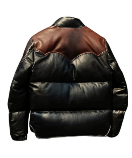 Men's Black & Brown Sheepskin Leather Puffer Jacket - Western-Inspired Style Back