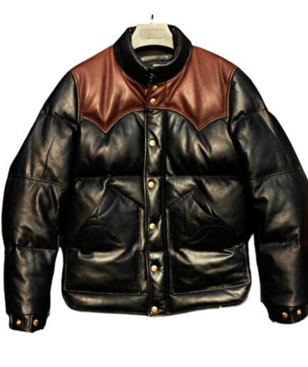 Men's Black & Brown Sheepskin Leather Puffer Jacket - Western-Inspired Style Front