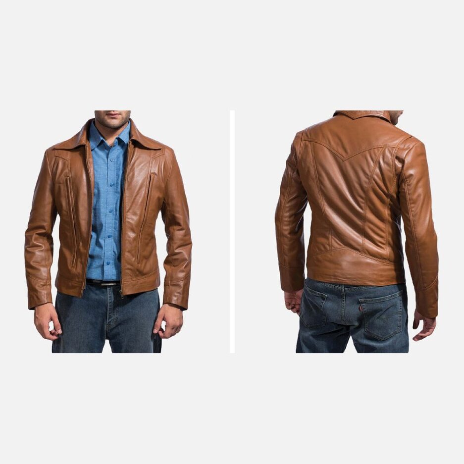 Men’s Brown Sheepskin Leather Jacket – Classic Shirt Collar Design Zoomed front and back view