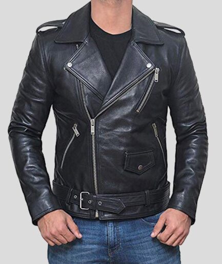 Black Lambskin Belted Waist Leather Biker Jacket model show #2