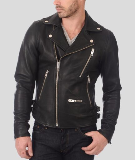 Men’s Black Lambskin Leather Biker Jacket – Notch Collar, Asymmetrical Zipper