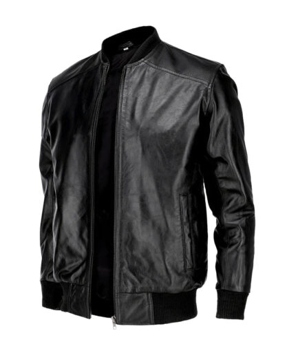 Men’s Black Slim Fit Napa Leather Bomber Jacket - Vade Blanc