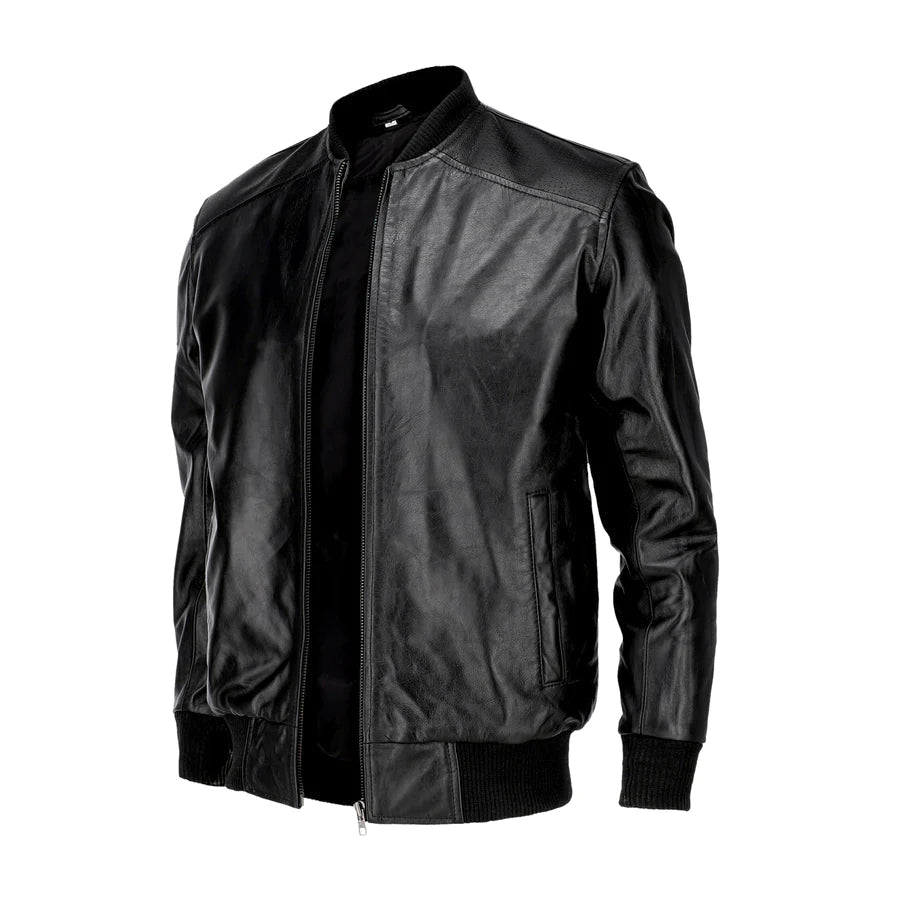 Men’s Black Slim Fit Napa Leather Bomber Jacket - Vade Blanc