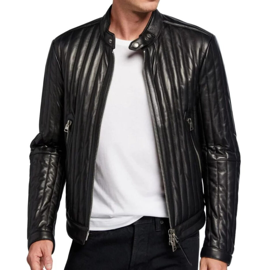 Men's Black Quilted Sheepskin Leather Biker Jacket - front