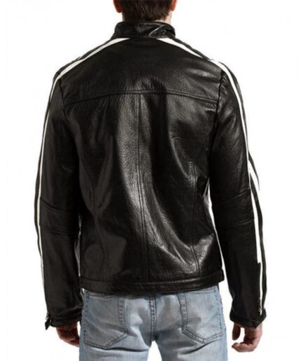 Black Leather Racer Jacket with White Stripes For Men Back View