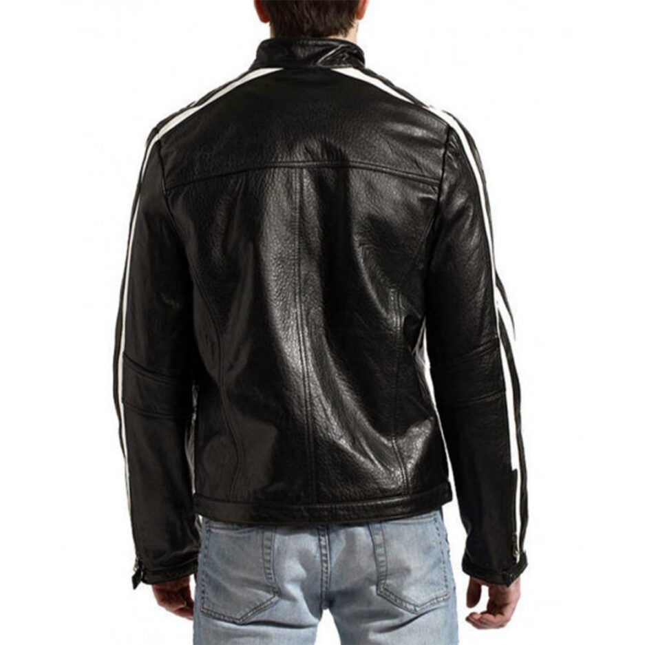 Black Leather Racer Jacket with White Stripes For Men Back View