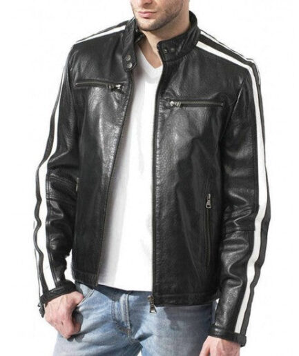 Black Leather Racer Jacket with White Stripes For Men