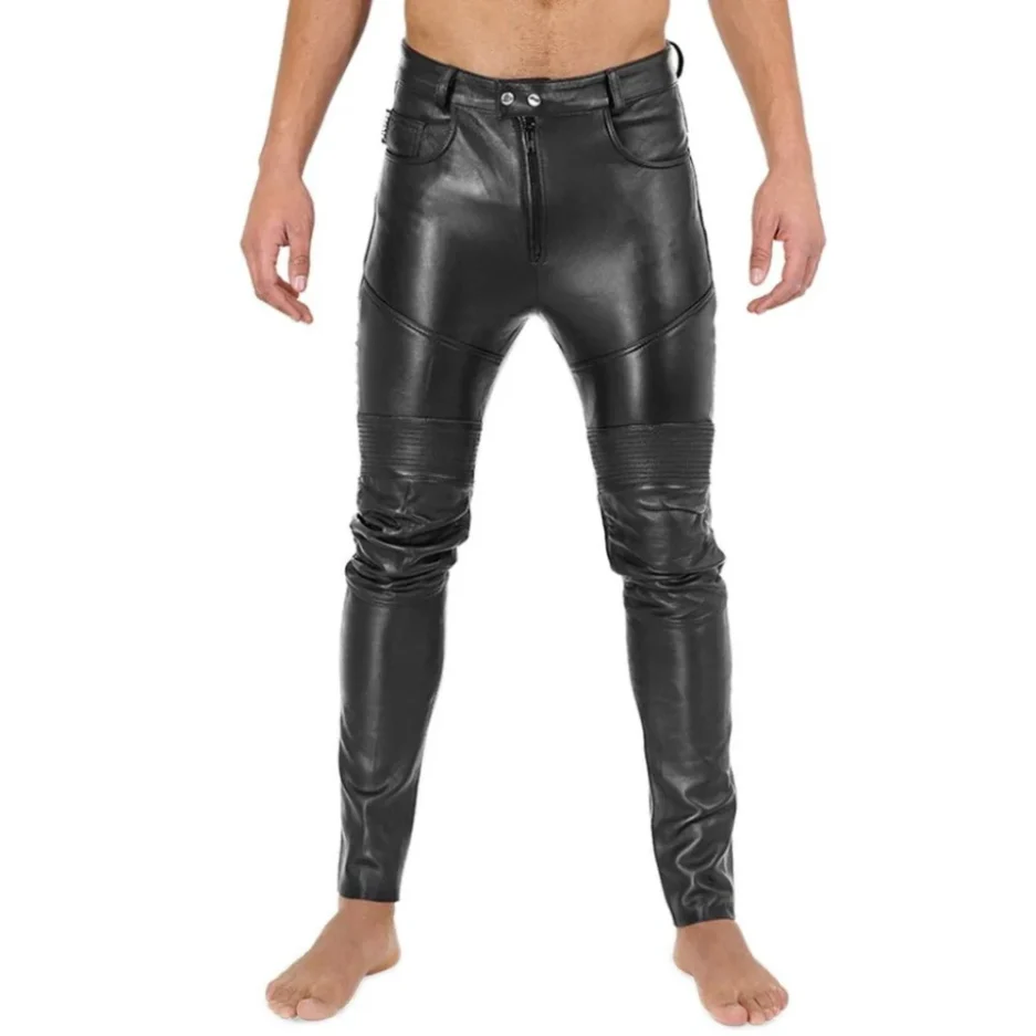 Slim Fit Biker Leather Pants with Vertical Zipper Pockets