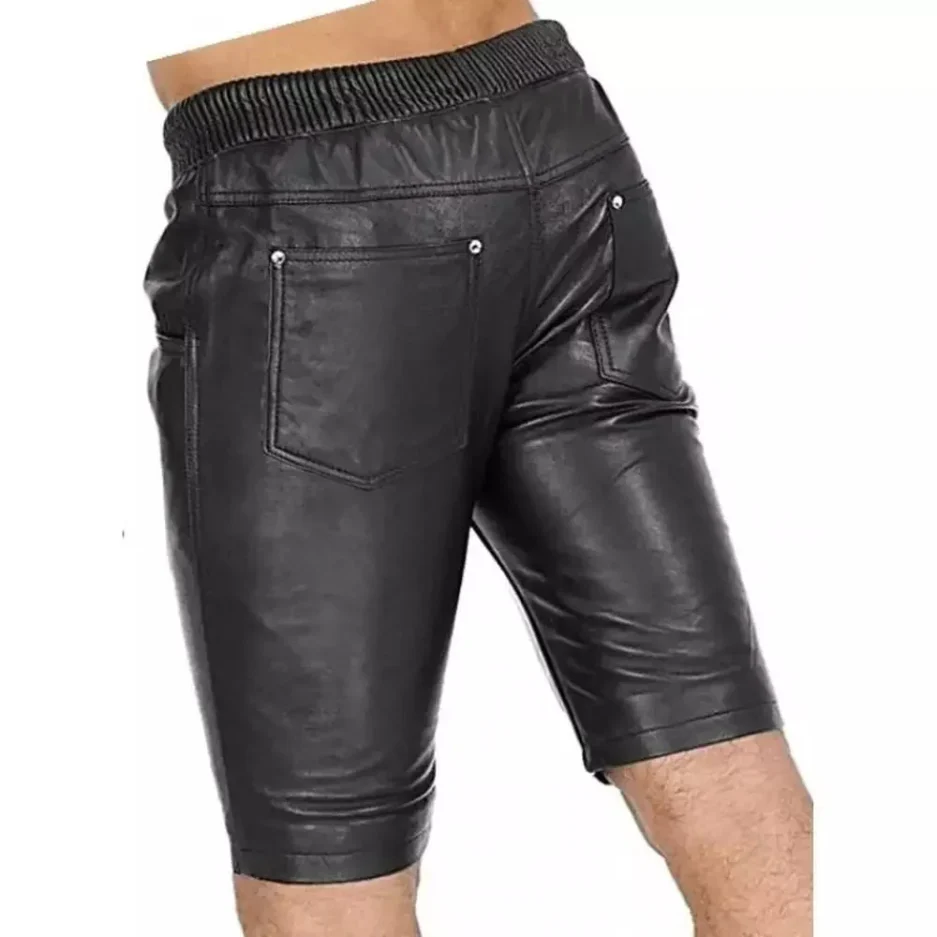 Men's Black Ribbed Waist Leather Biker Shorts – Slim Urban Fit