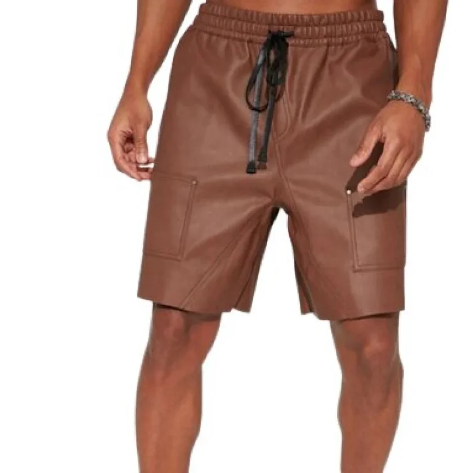 Men’s Brown Leather Cargo Shorts – Relaxed Fit with Modern Edge