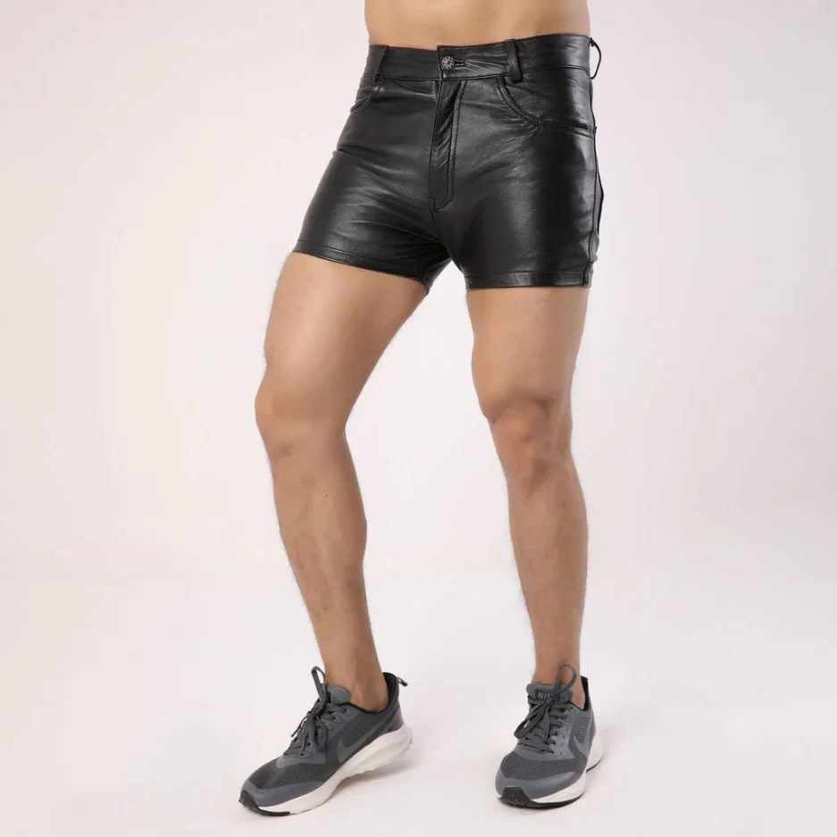 Sculpted Fit Men's Black Leather Shorts for Party & Clubwear