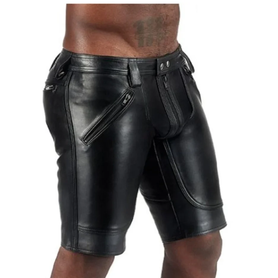 Men’s Tactical Zip Leather Shorts with Extended Length Design