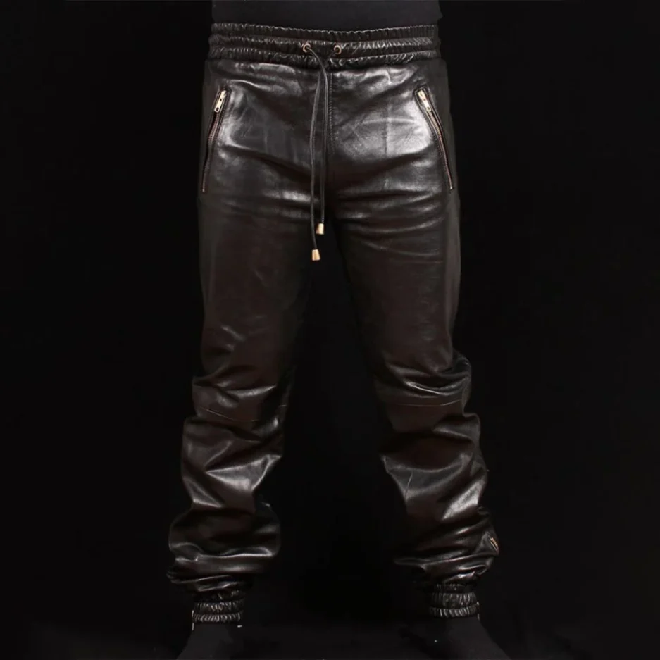 Black LuxeDraw Leather Jogger Pants with Zipper Pockets