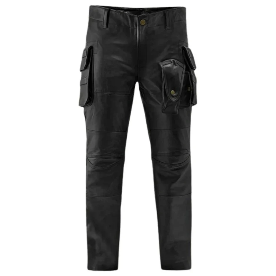 Tactical Edge Black Leather Utility Pants – Multi-Pocket Combat Style