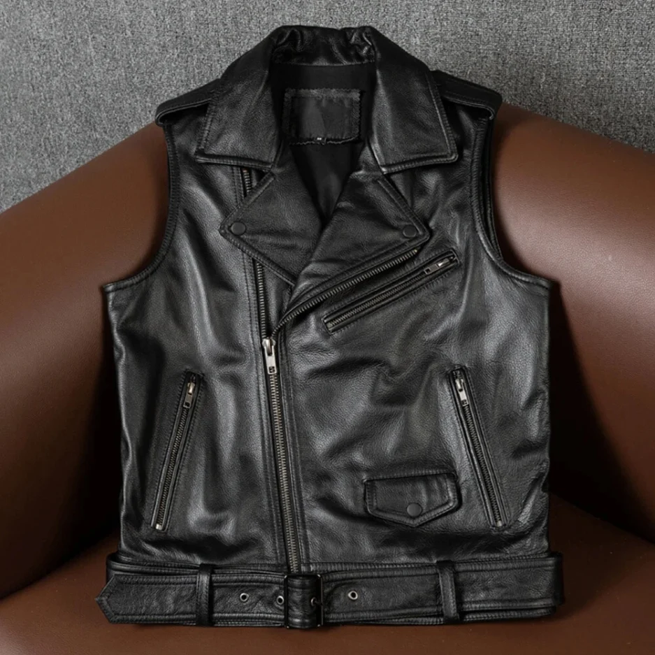 Men's Premium Black Biker-Style Leather Vest with Asymmetrical Zip