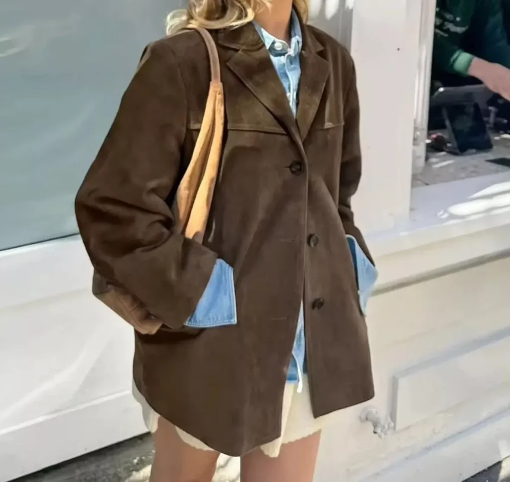 brown faux suede blazer for women