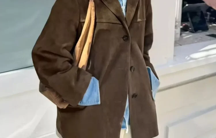 brown faux suede blazer for women