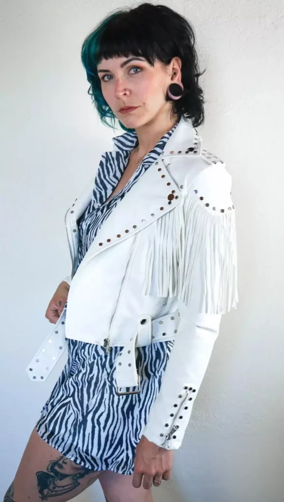 White Fringe Biker Jacket with Studded Rivets and Belted Waist