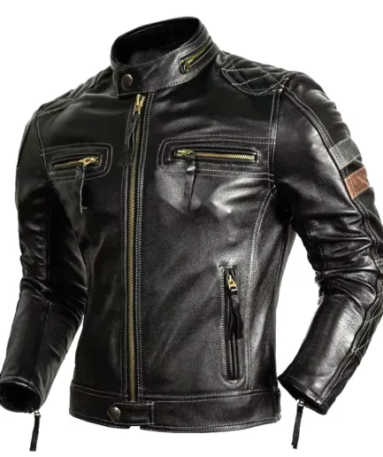 Men’s Black Leather Cafe Racer Jacket with Gold Zipper Detailing
