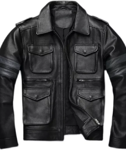 Men’s Military-Style Black Leather Jacket with Utility Flap Pockets