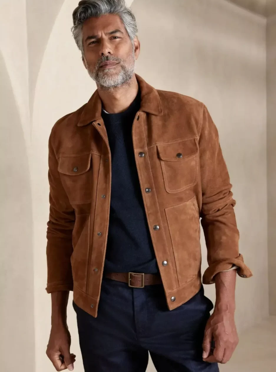 Classic Tan Suede Button-Up Jacket with Chest Flap Pockets
